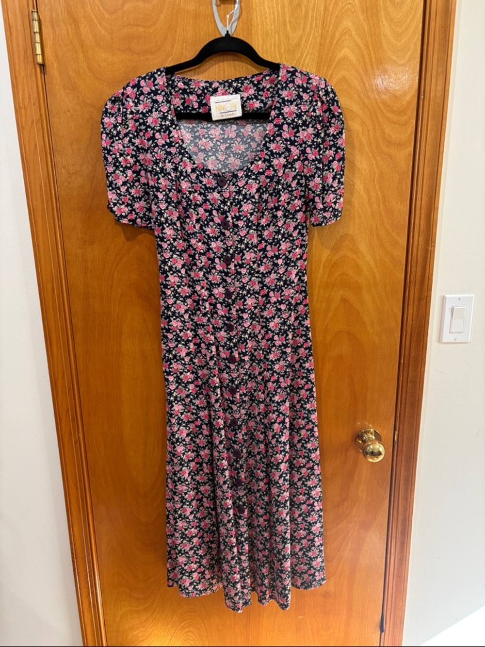 Vintage Black Midi Dress with Pink Floral Print - Ninon de Lenclos